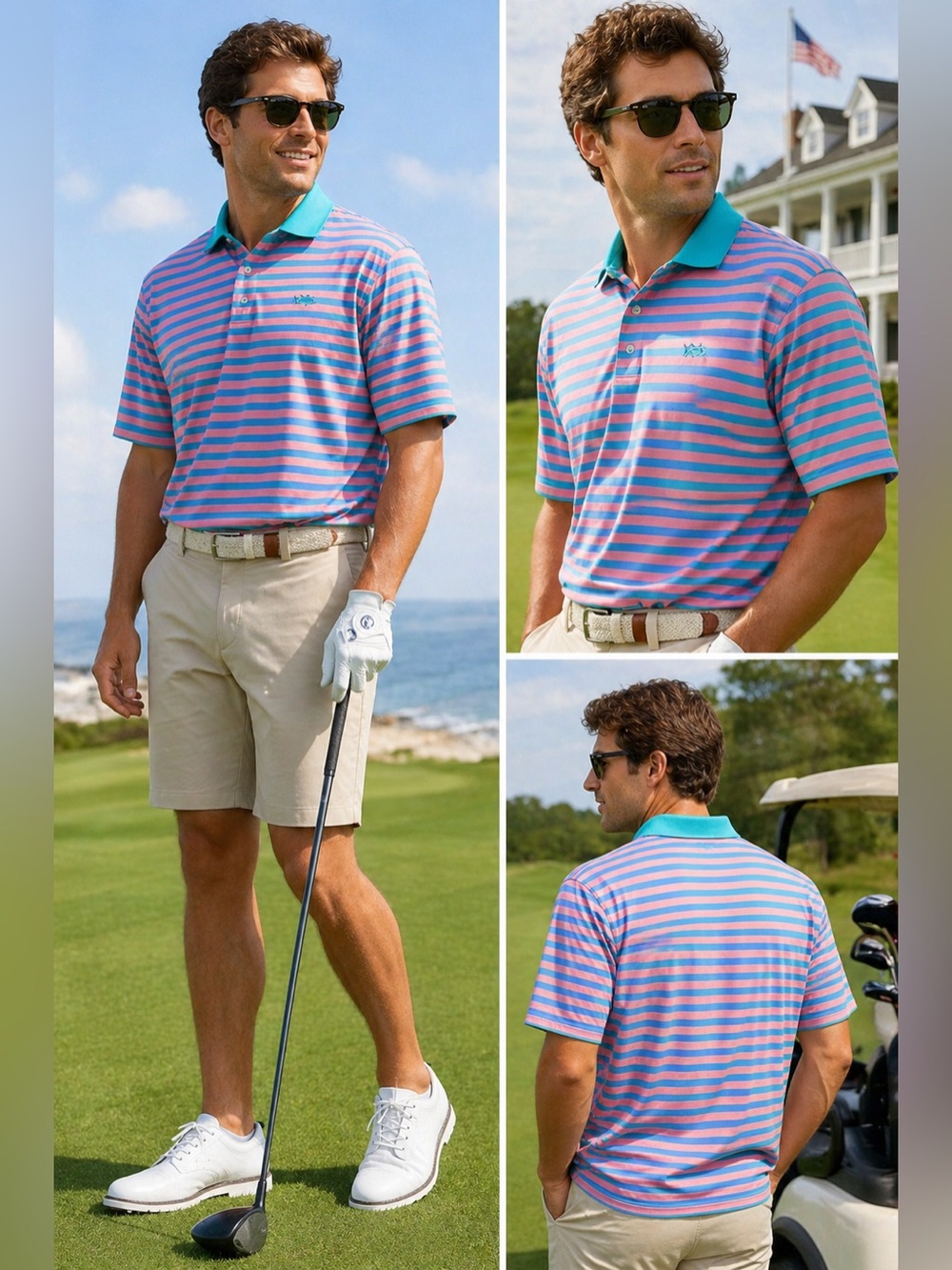 Southern Tide Striped Performance Polo Shirt Pink Blue Men’s Large L Golf Preppy